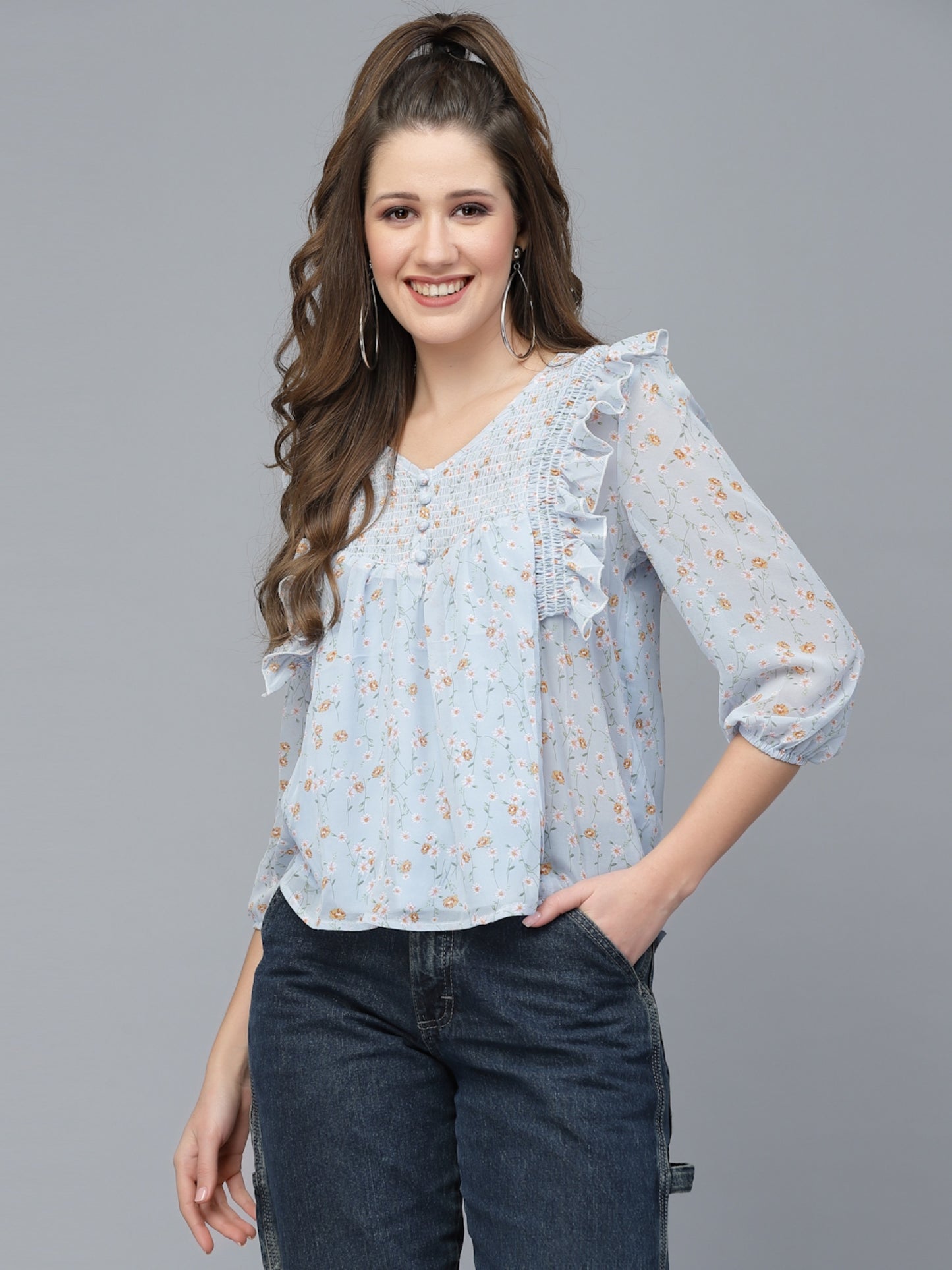 Mafadeny Blue Floral Print Chiffon Top