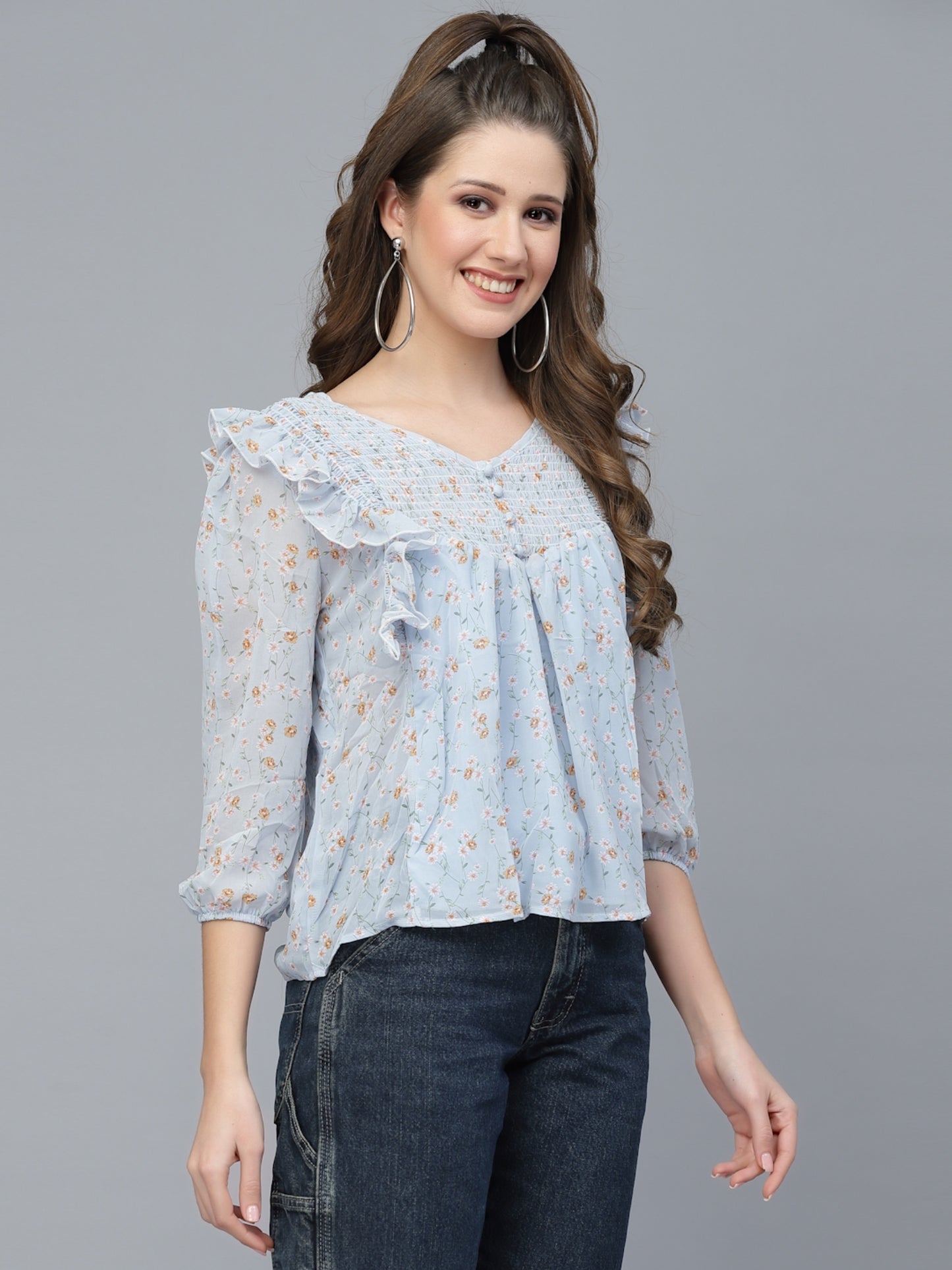 Mafadeny Blue Floral Print Chiffon Top