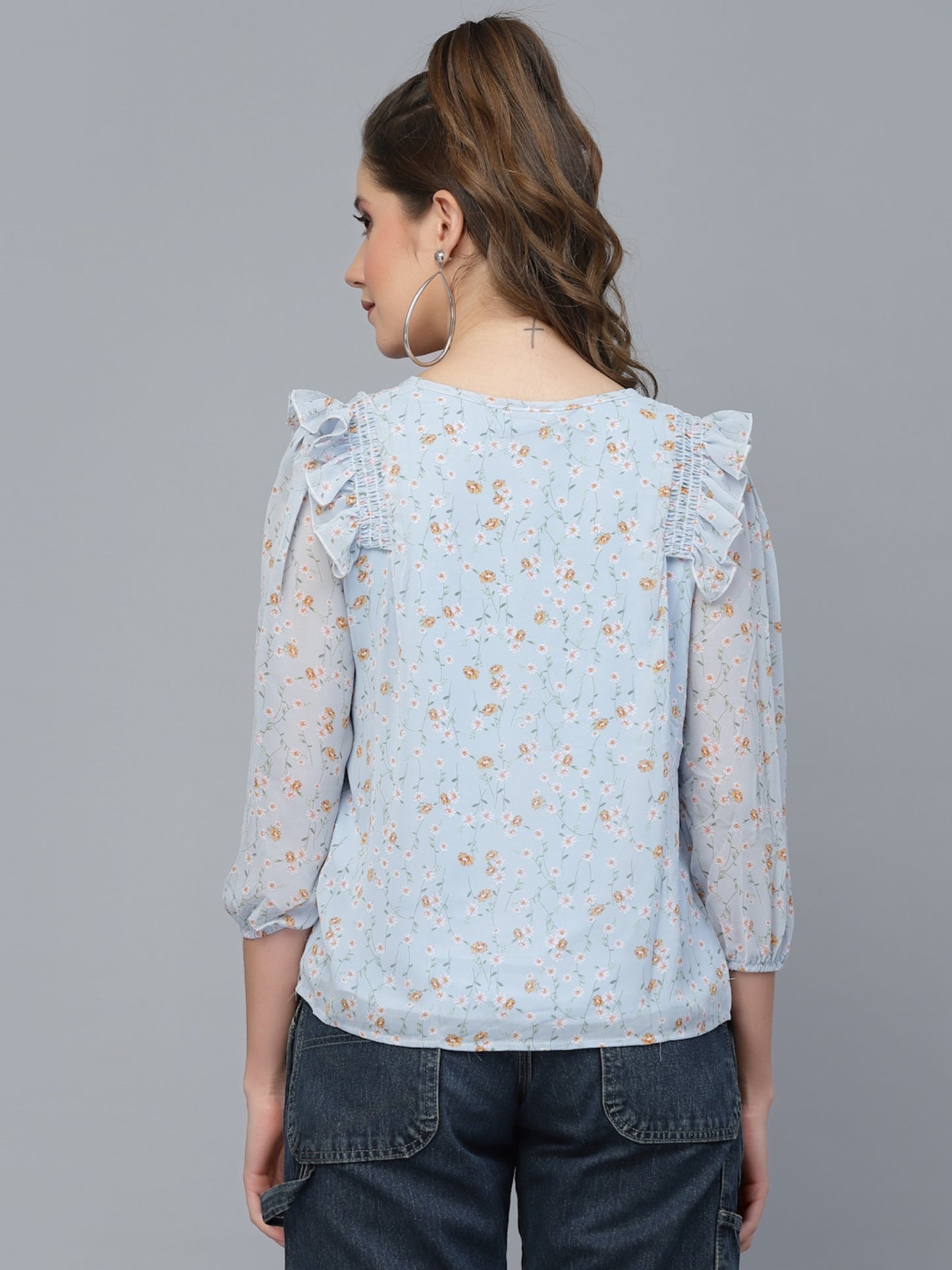 Mafadeny Blue Floral Print Chiffon Top