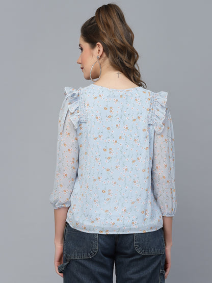 Mafadeny Blue Floral Print Chiffon Top