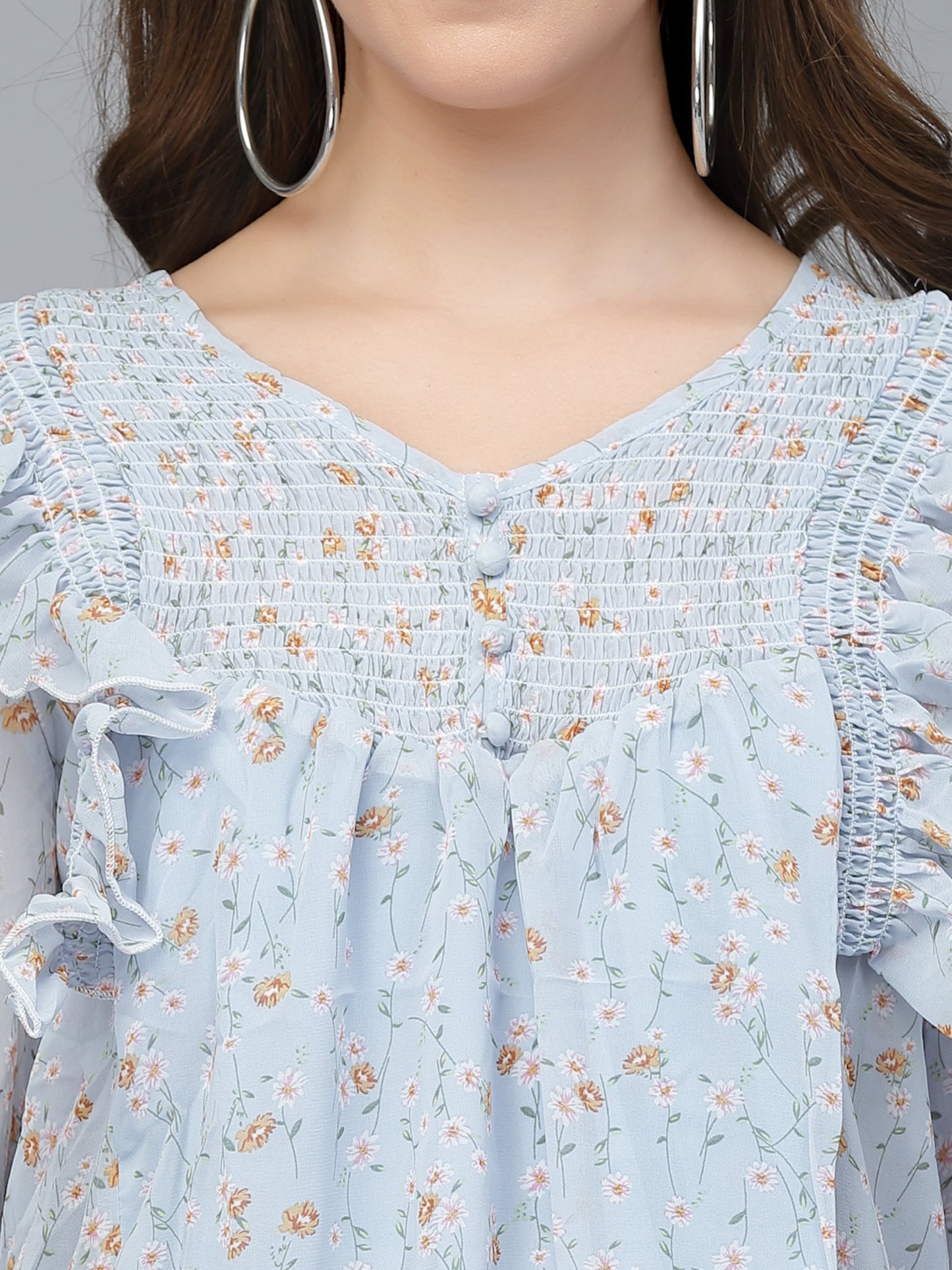 Mafadeny Blue Floral Print Chiffon Top