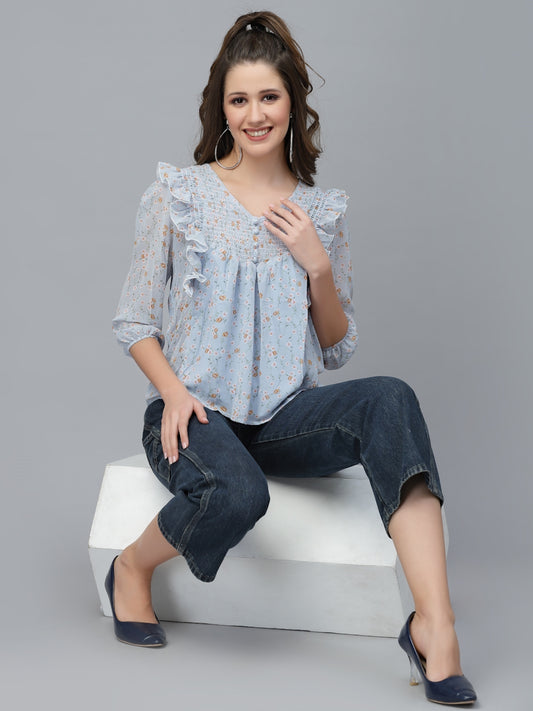 Mafadeny Blue Floral Print Chiffon Top