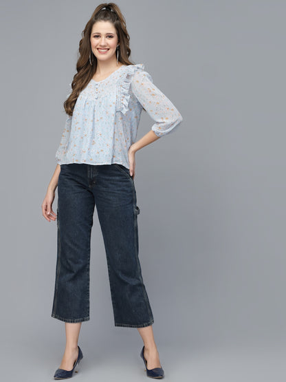 Mafadeny Blue Floral Print Chiffon Top