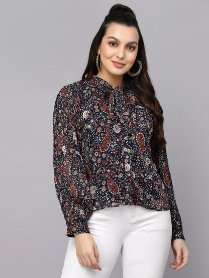 Mafadeny Floral Printed Tie-Up Neck Shirt Style Top