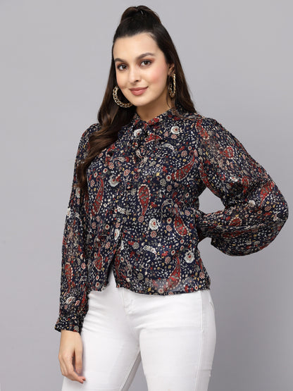 Mafadeny Floral Printed Tie-Up Neck Shirt Style Top