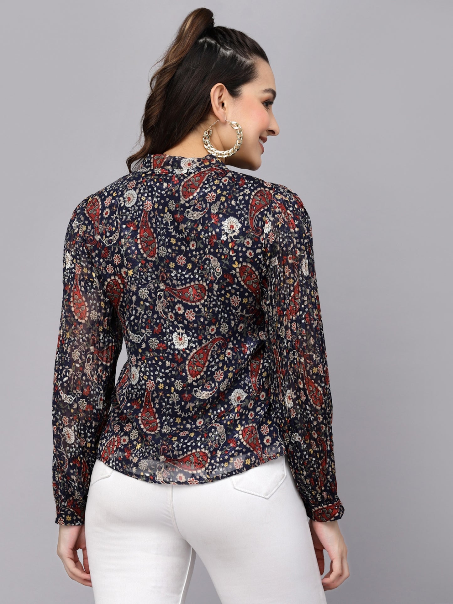 Mafadeny Floral Printed Tie-Up Neck Shirt Style Top