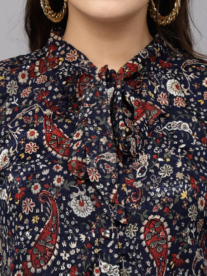 Mafadeny Floral Printed Tie-Up Neck Shirt Style Top