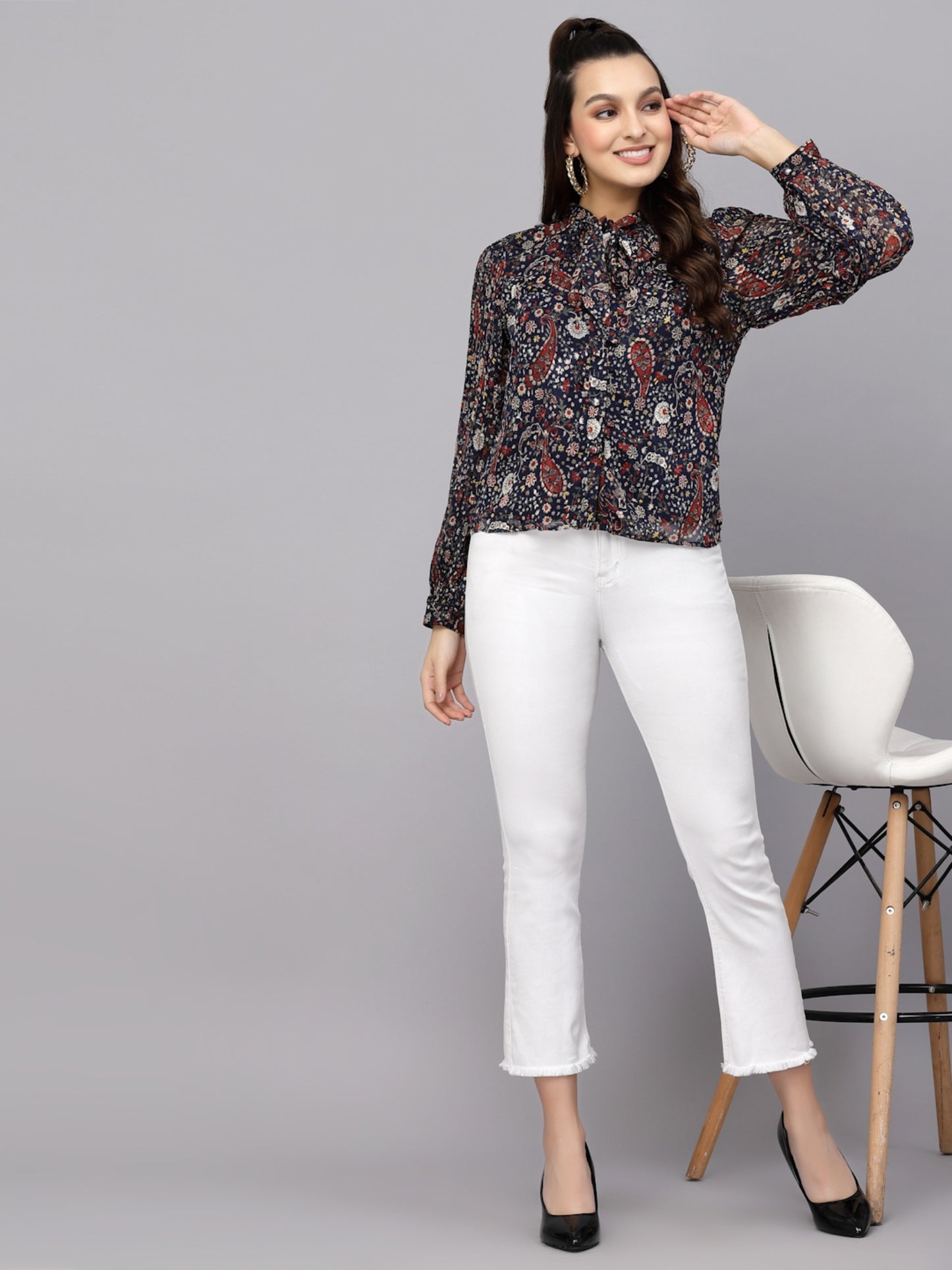 Mafadeny Floral Printed Tie-Up Neck Shirt Style Top