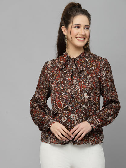 Mafadeny Floral Print Tie-Up Neck Chiffon Shirt Style Top