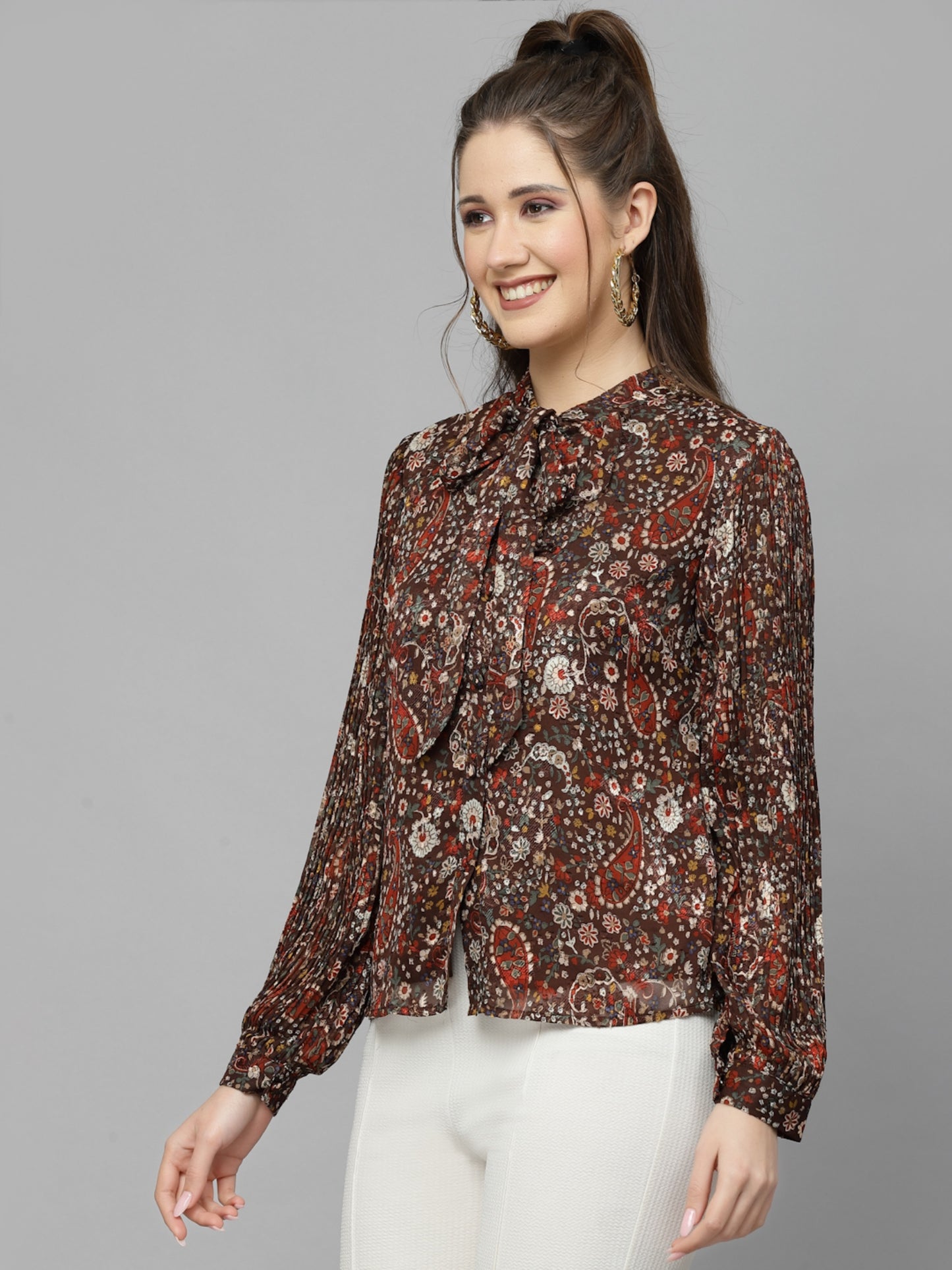 Mafadeny Floral Print Tie-Up Neck Chiffon Shirt Style Top