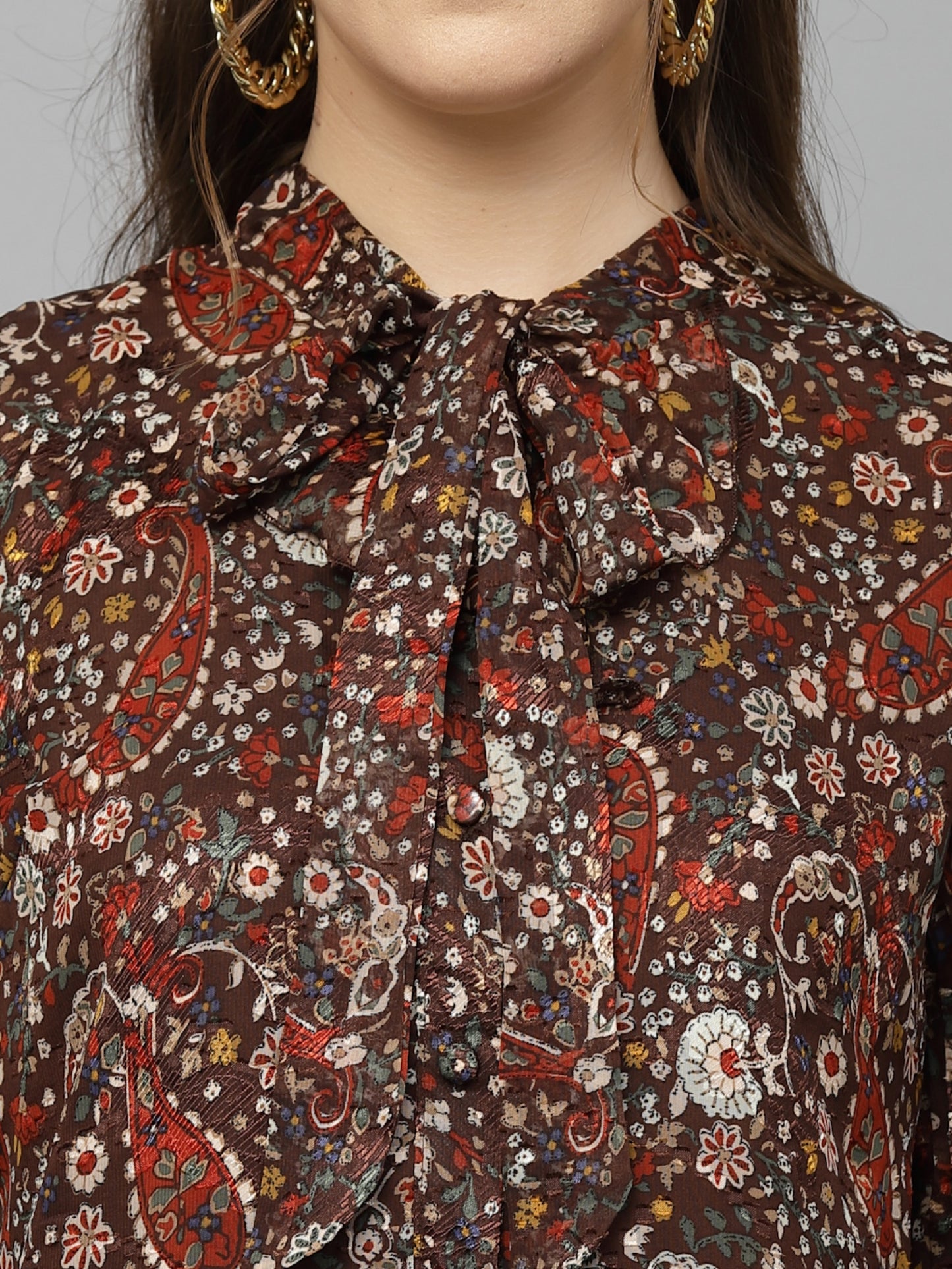 Mafadeny Floral Print Tie-Up Neck Chiffon Shirt Style Top