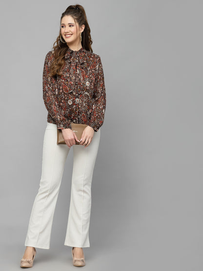 Mafadeny Floral Print Tie-Up Neck Chiffon Shirt Style Top