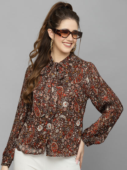 Mafadeny Floral Print Tie-Up Neck Chiffon Shirt Style Top