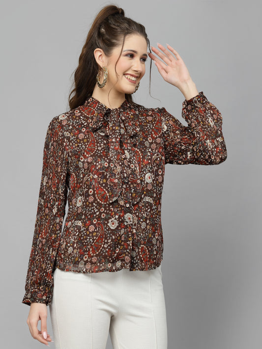 Mafadeny Floral Print Tie-Up Neck Chiffon Shirt Style Top