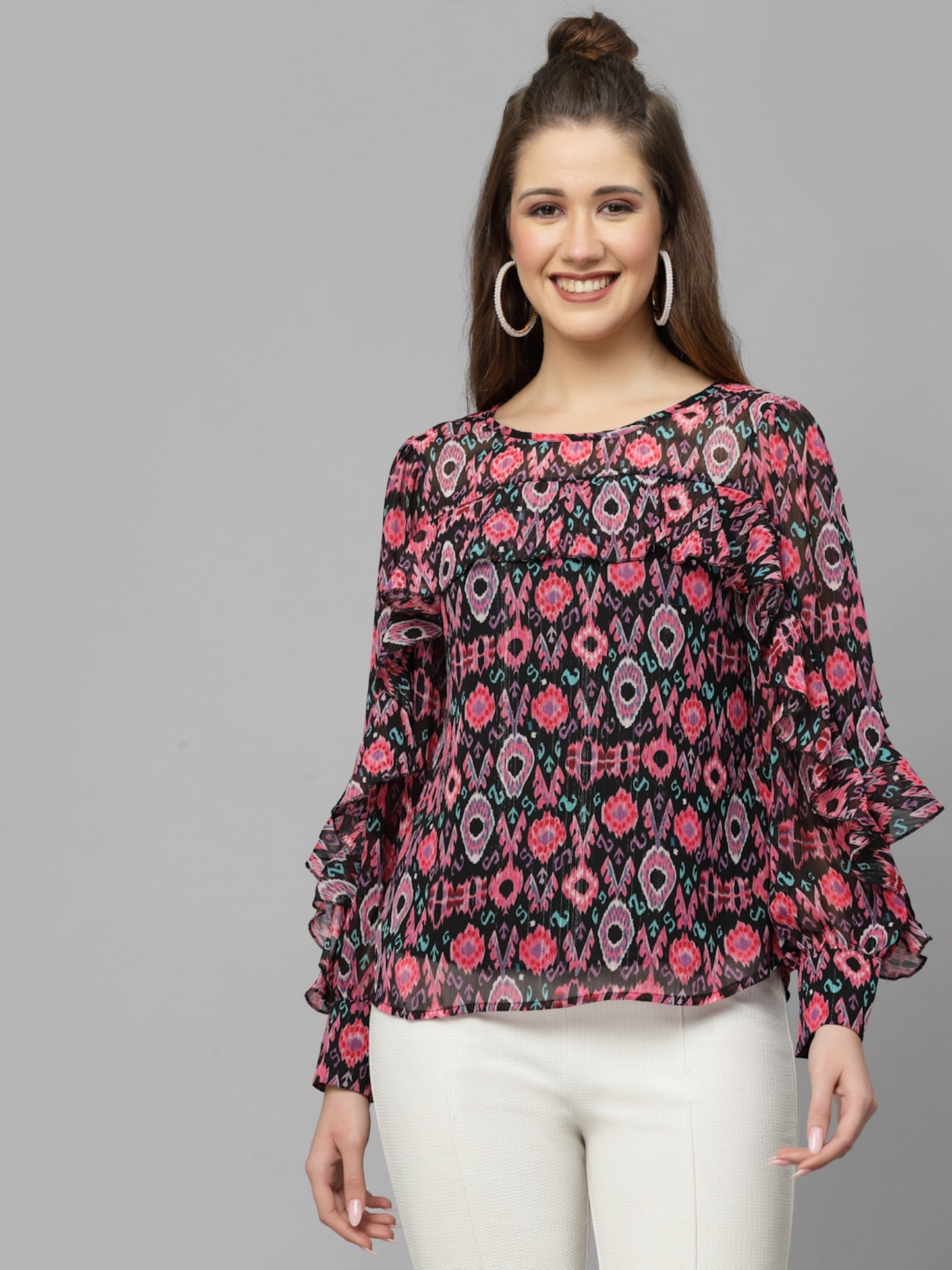 Mafadeny Ethnic Motifs Printed Ruffled A-Line Top