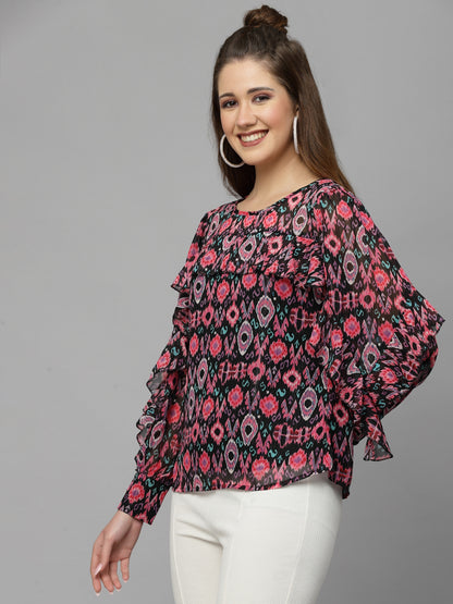 Mafadeny Ethnic Motifs Printed Ruffled A-Line Top