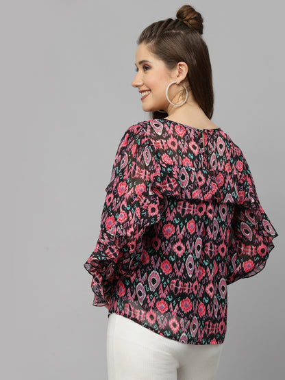 Mafadeny Ethnic Motifs Printed Ruffled A-Line Top