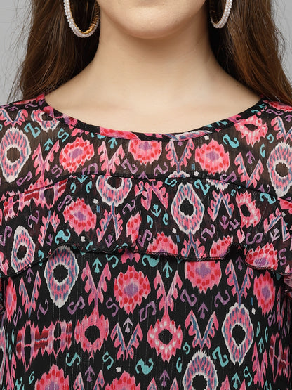 Mafadeny Ethnic Motifs Printed Ruffled A-Line Top