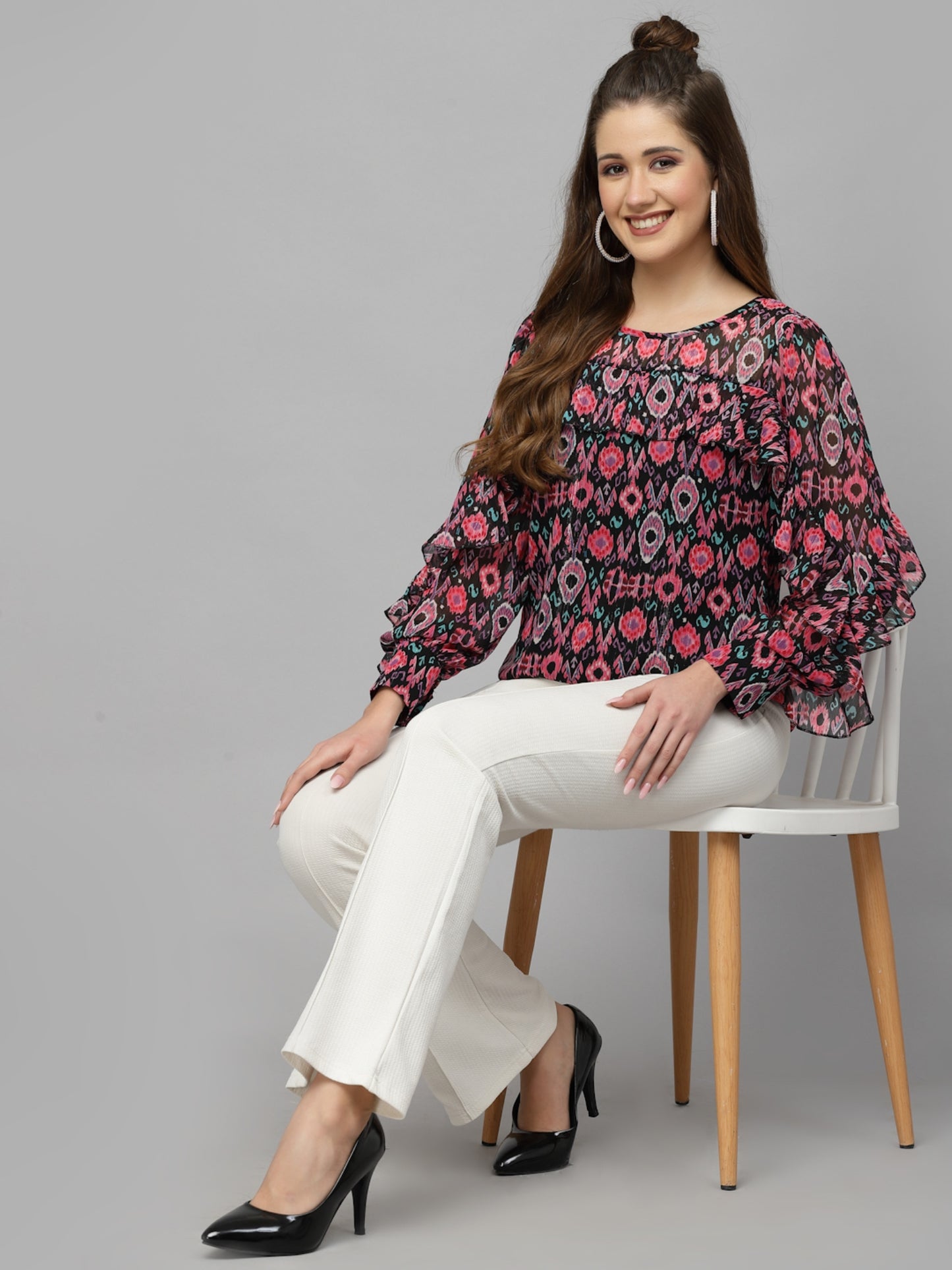 Mafadeny Ethnic Motifs Printed Ruffled A-Line Top