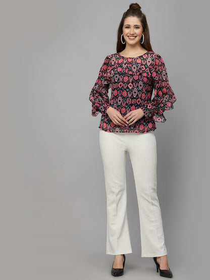 Mafadeny Ethnic Motifs Printed Ruffled A-Line Top