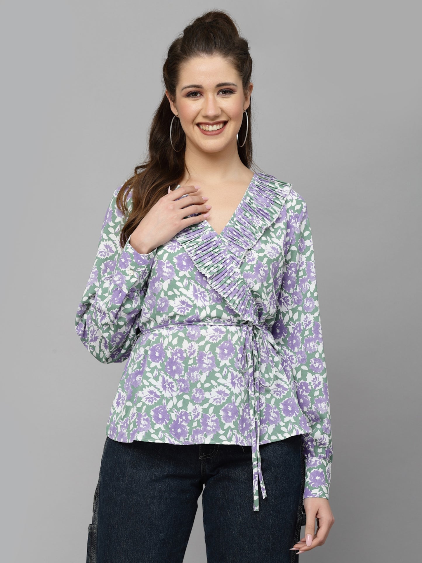 Mafadeny Floral Printed Chiffon Pleated Wrap Top