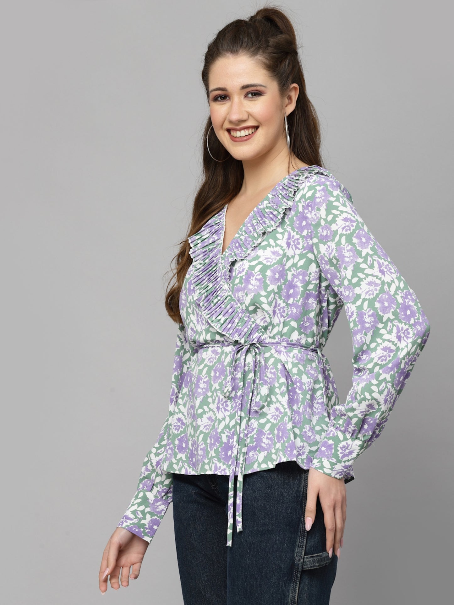 Mafadeny Floral Printed Chiffon Pleated Wrap Top