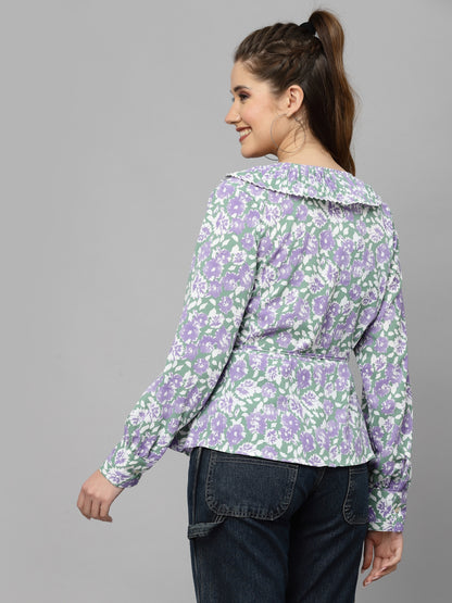 Mafadeny Floral Printed Chiffon Pleated Wrap Top