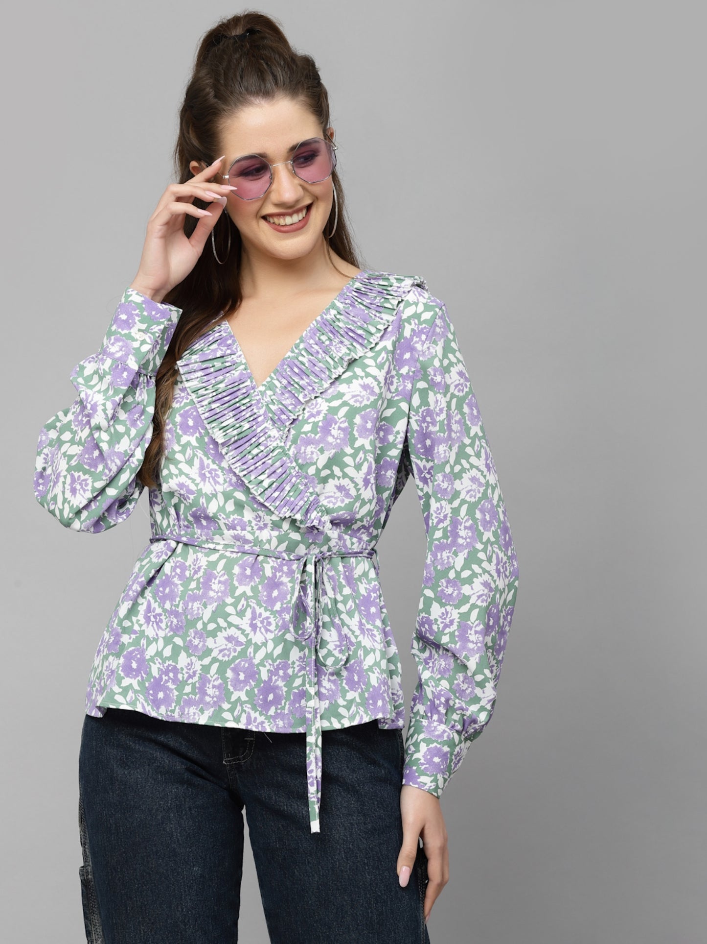 Mafadeny Floral Printed Chiffon Pleated Wrap Top