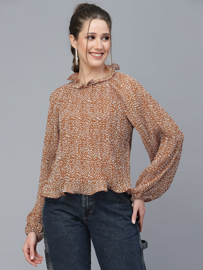 Mafadeny Brown Animal Print Chiffon Top