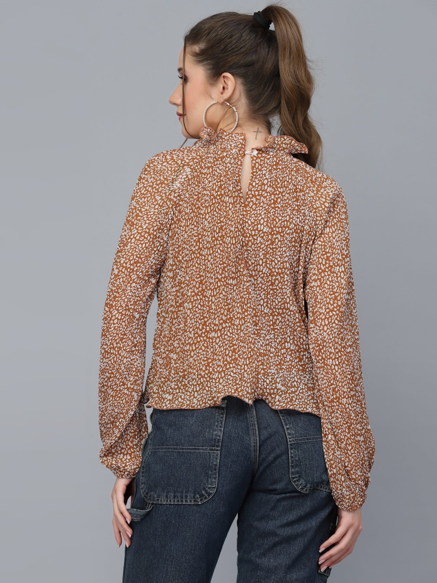 Mafadeny Brown Animal Print Chiffon Top