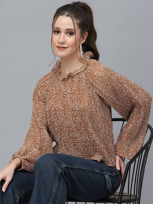 Mafadeny Brown Animal Print Chiffon Top