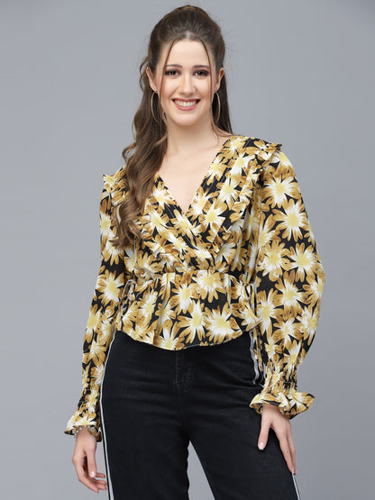 Mafadeny Black Animal Print Wrap Top