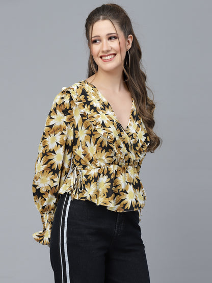 Mafadeny Black Animal Print Wrap Top