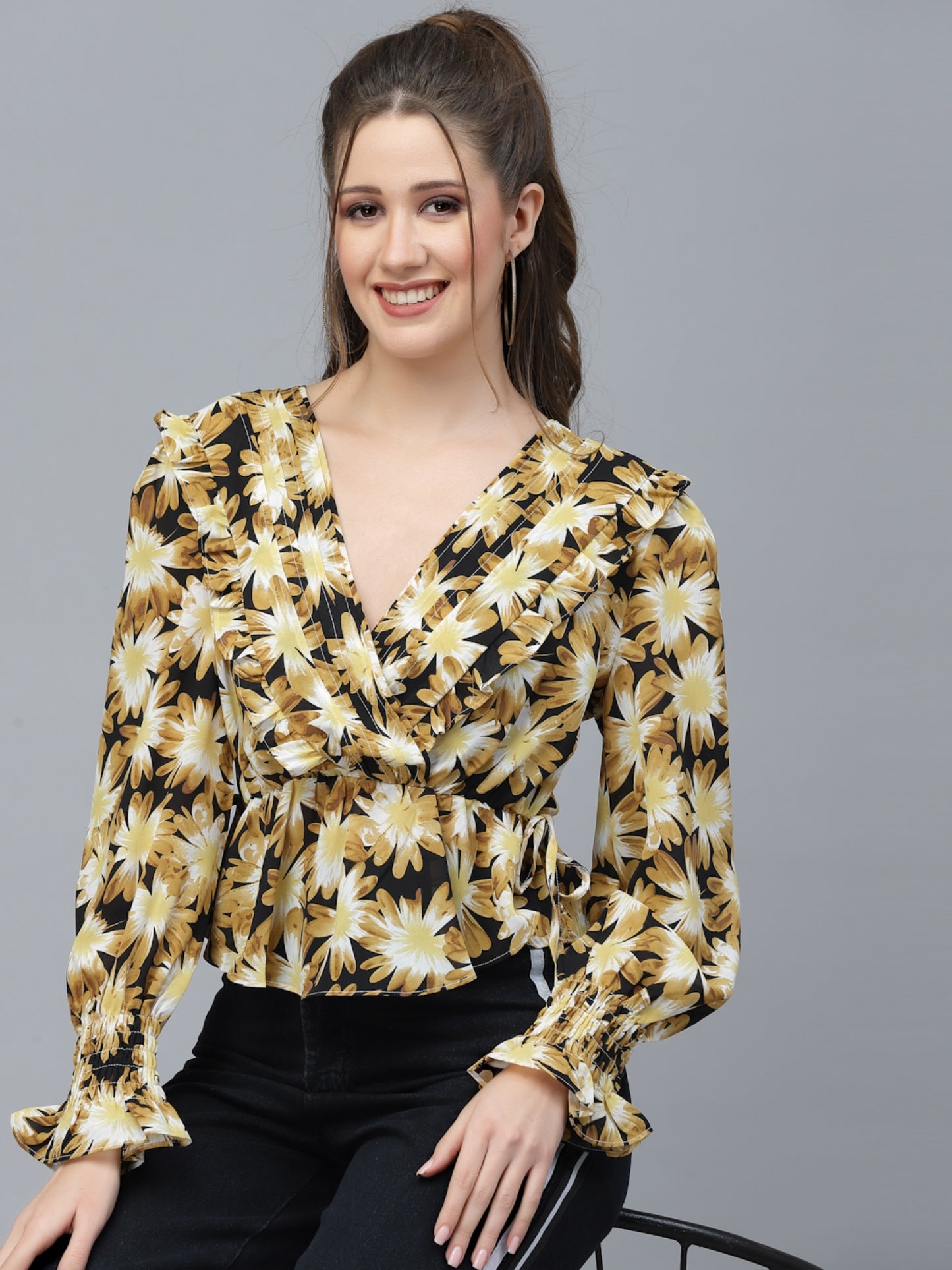 Mafadeny Black Animal Print Wrap Top