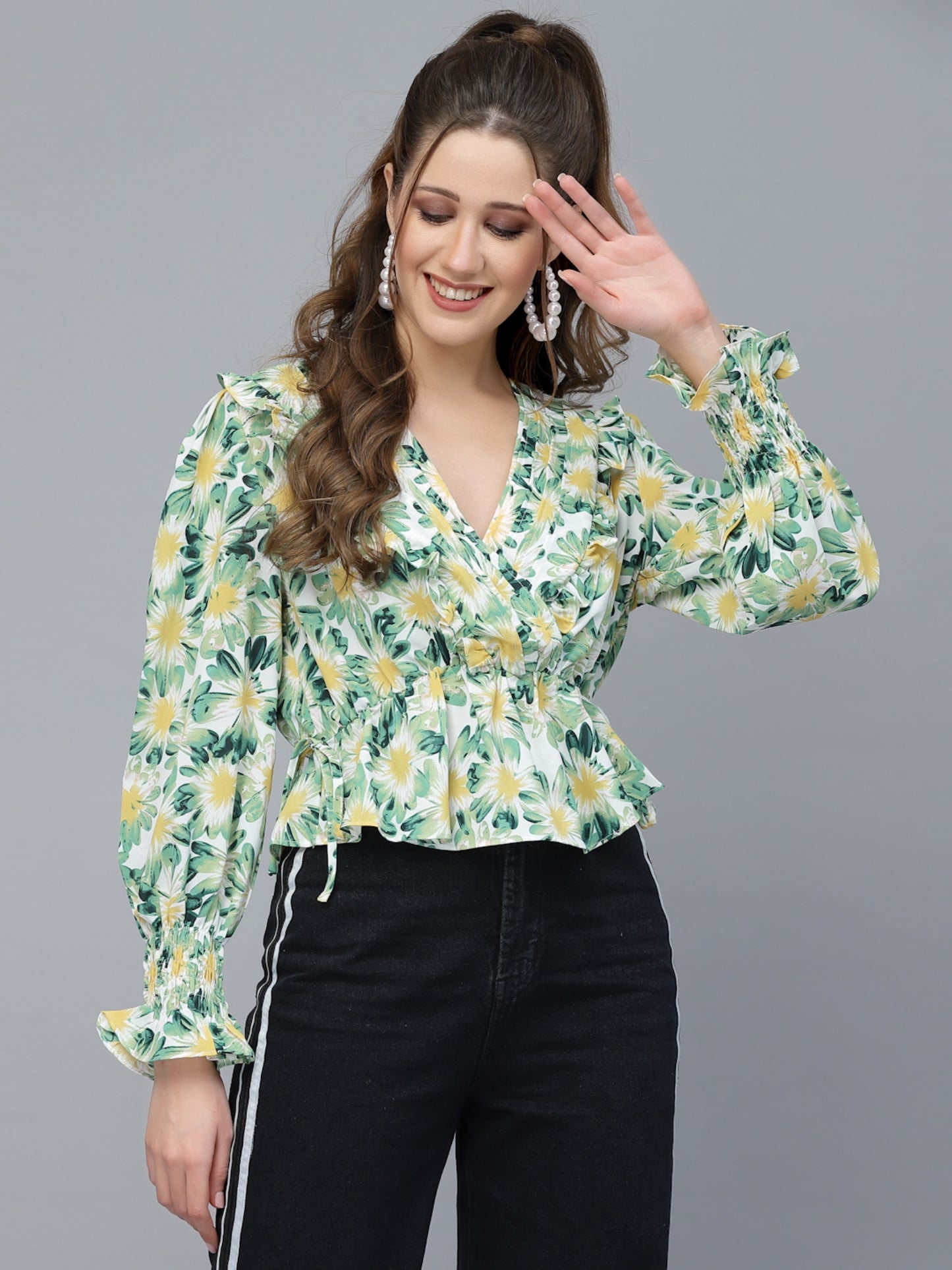 Mafadeny Green Floral Print Wrap Top