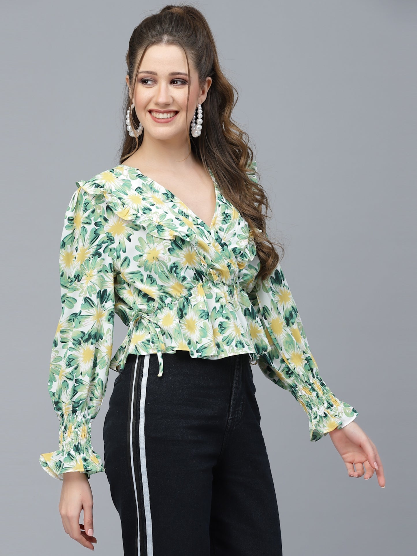 Mafadeny Green Floral Print Wrap Top