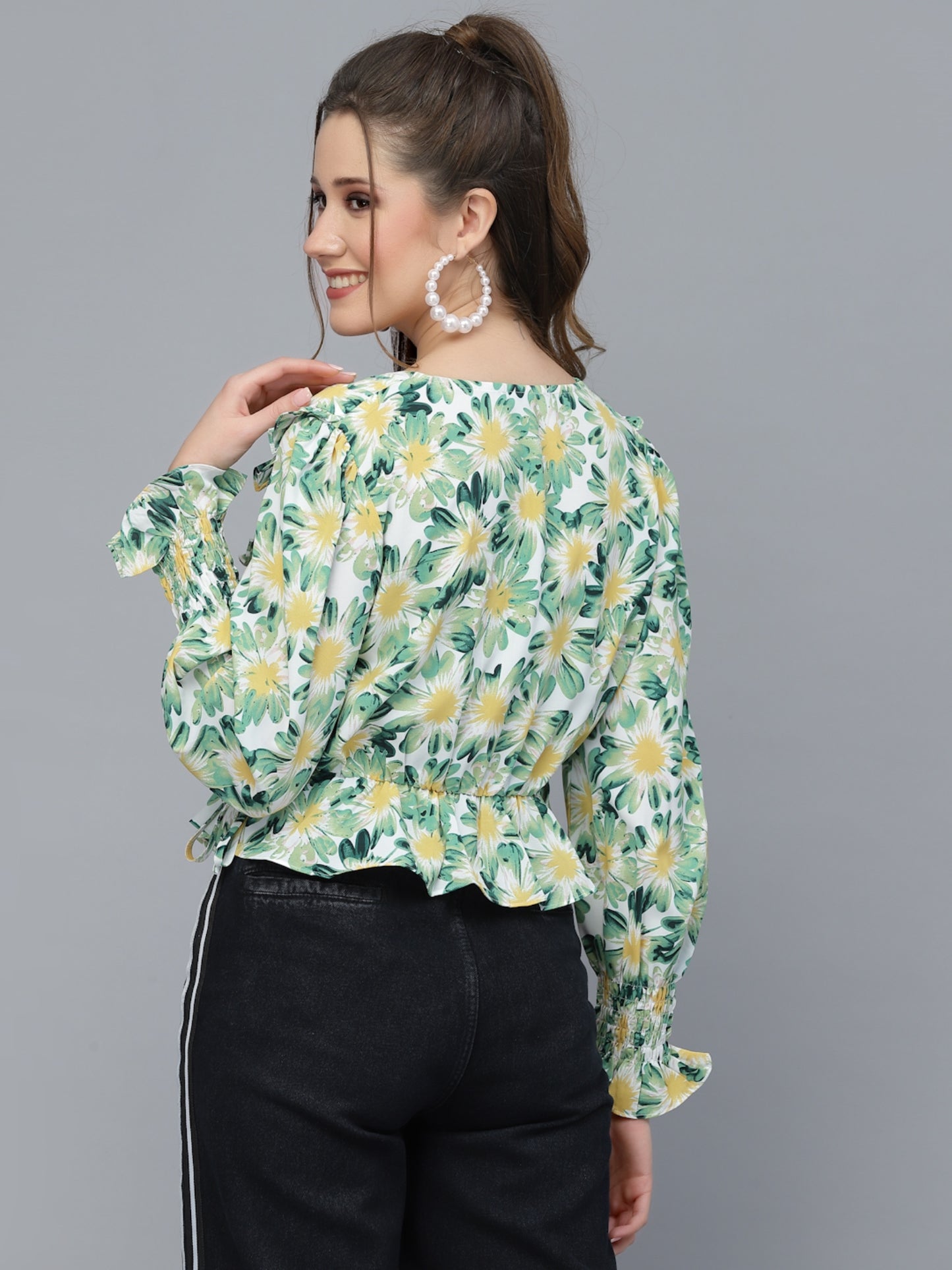 Mafadeny Green Floral Print Wrap Top