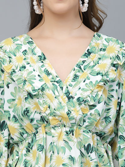 Mafadeny Green Floral Print Wrap Top