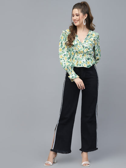 Mafadeny Green Floral Print Wrap Top