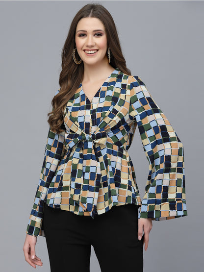 Mafadeny Printed Flared Sleeves Peplum Top