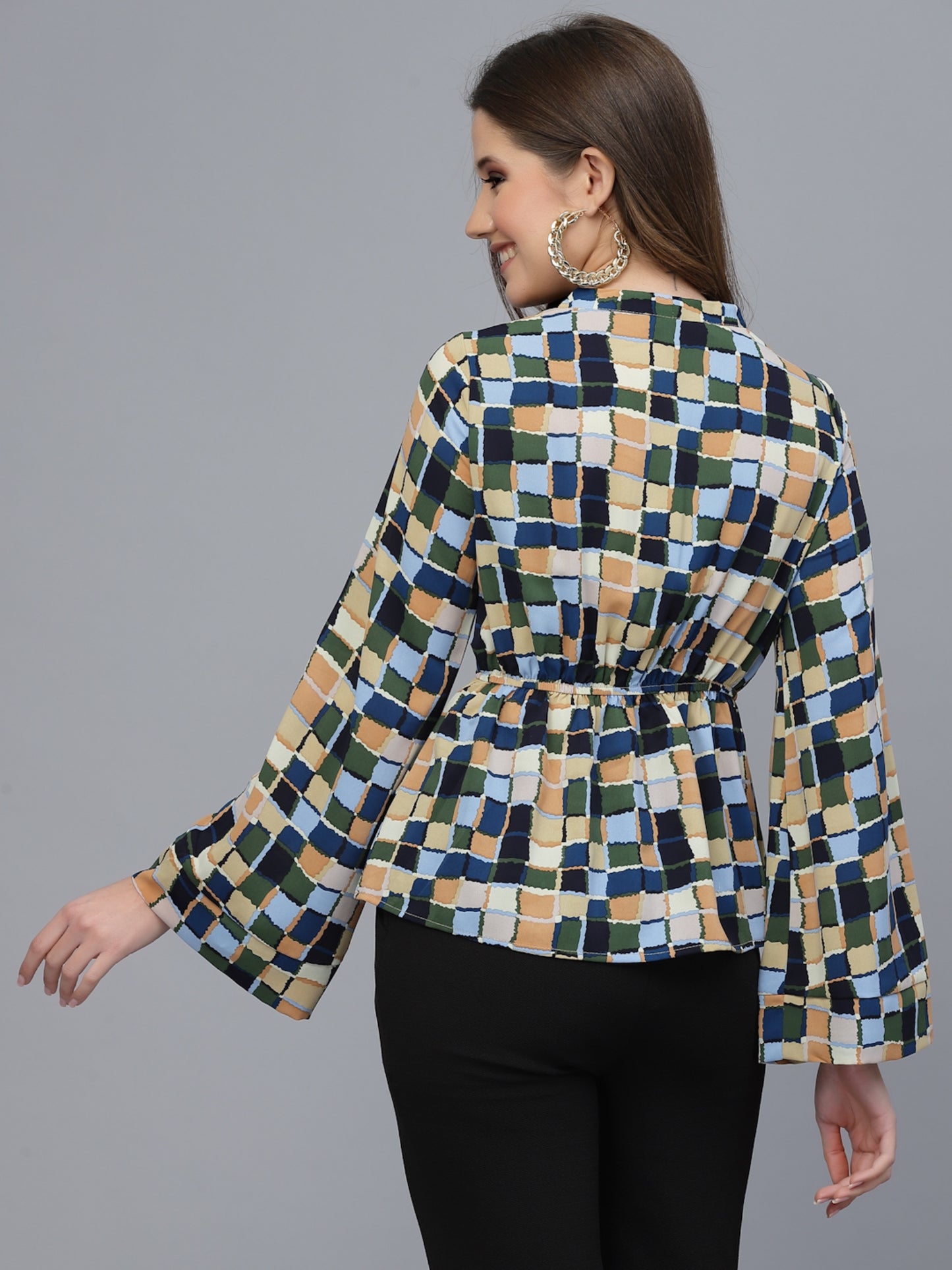 Mafadeny Printed Flared Sleeves Peplum Top