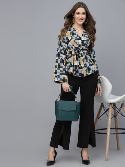 Mafadeny Printed Flared Sleeves Peplum Top