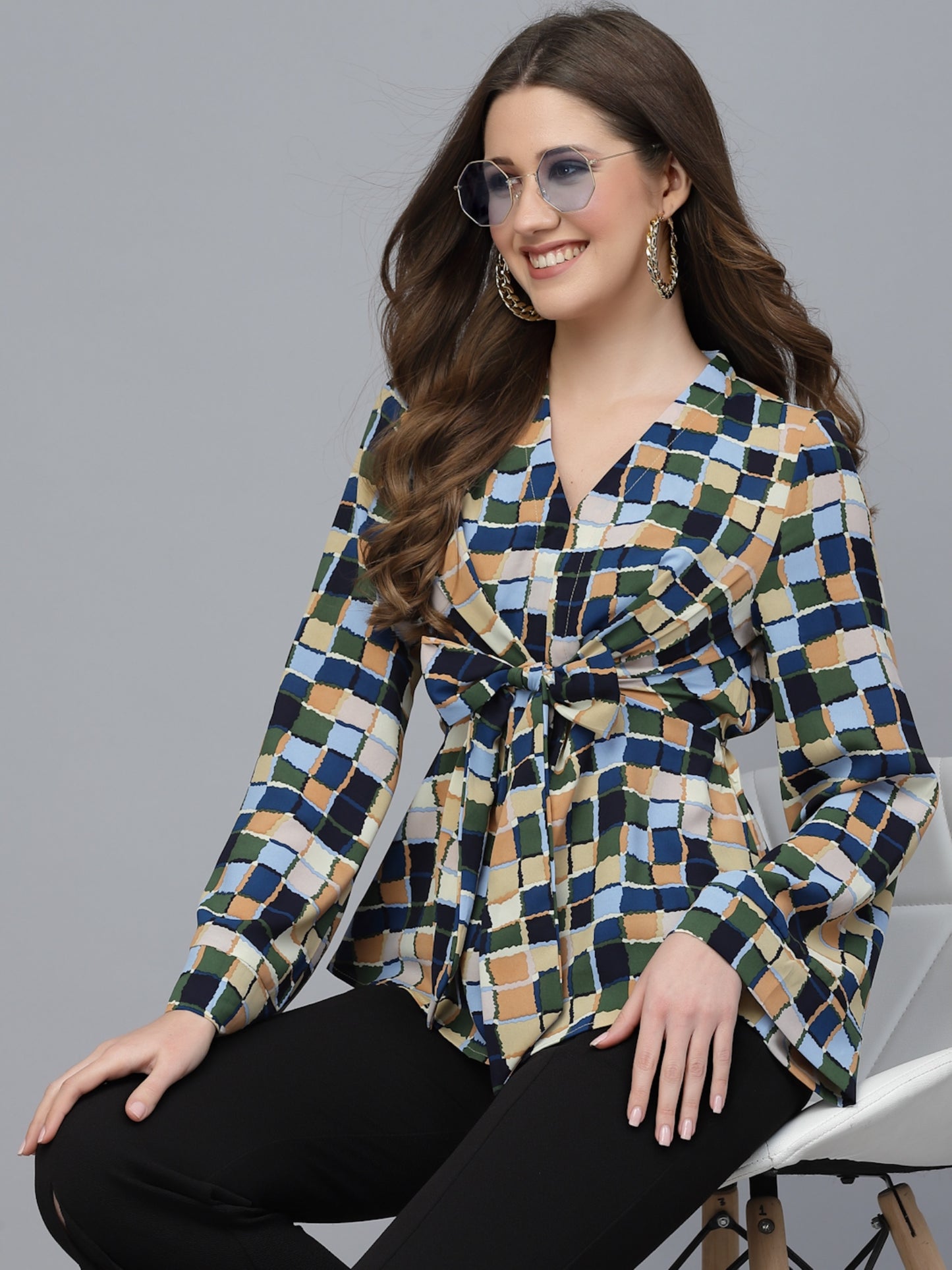 Mafadeny Printed Flared Sleeves Peplum Top