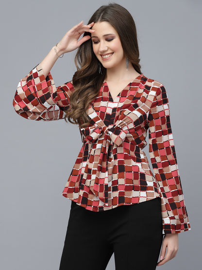 Mafadeny Geometric Printed Cinched Waist Top