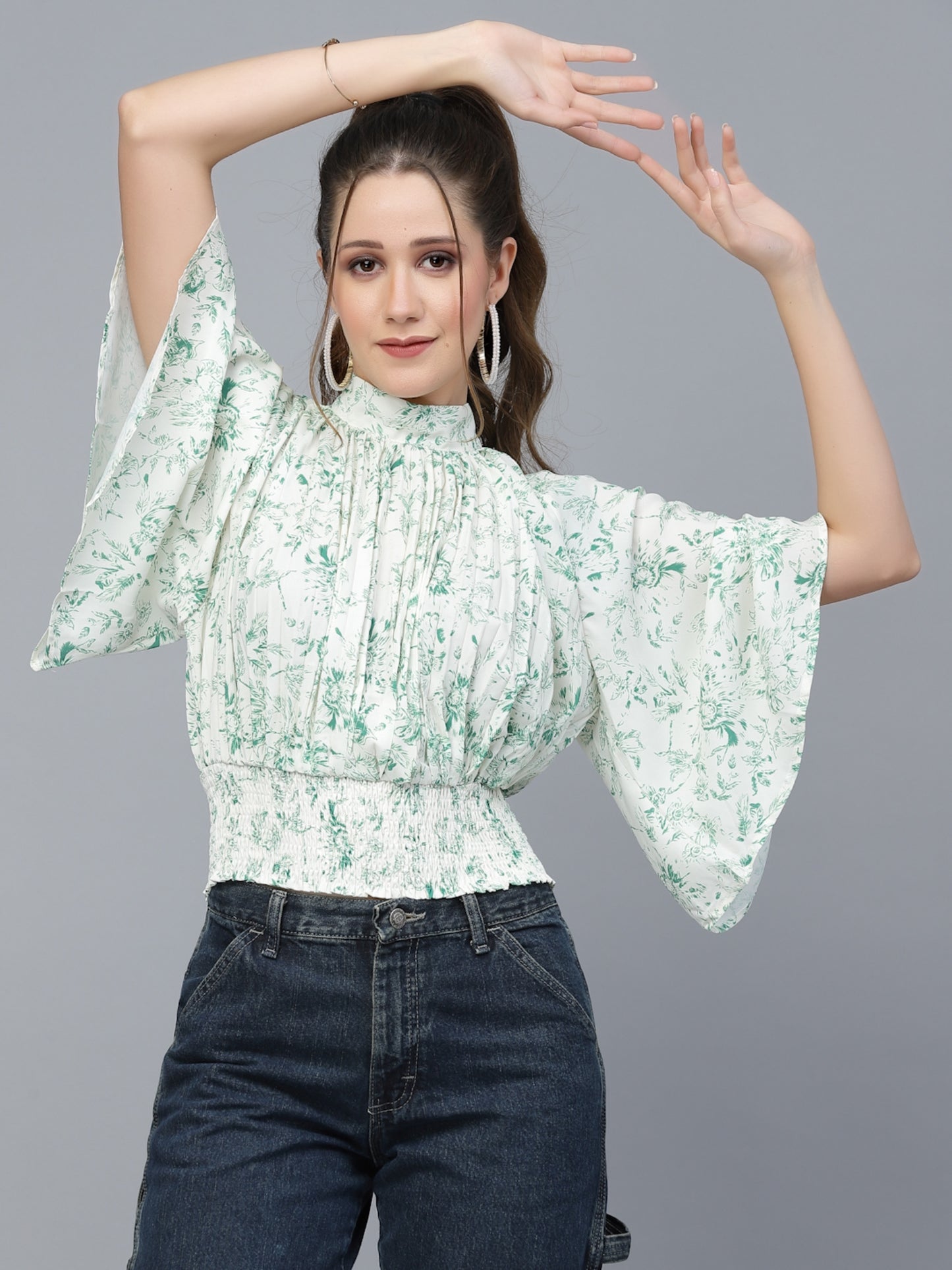 Mafadeny Green Floral Print Blouson Top