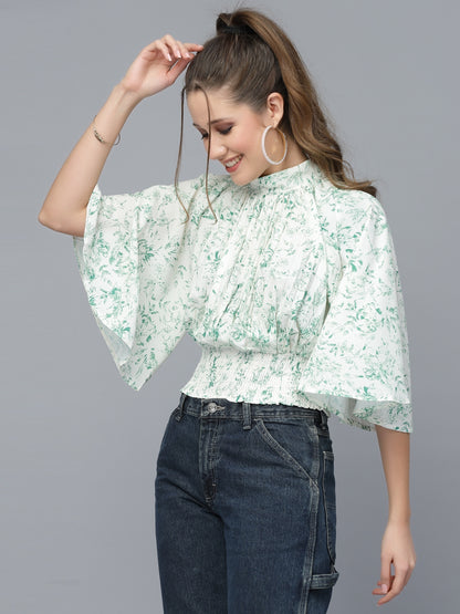 Mafadeny Green Floral Print Blouson Top