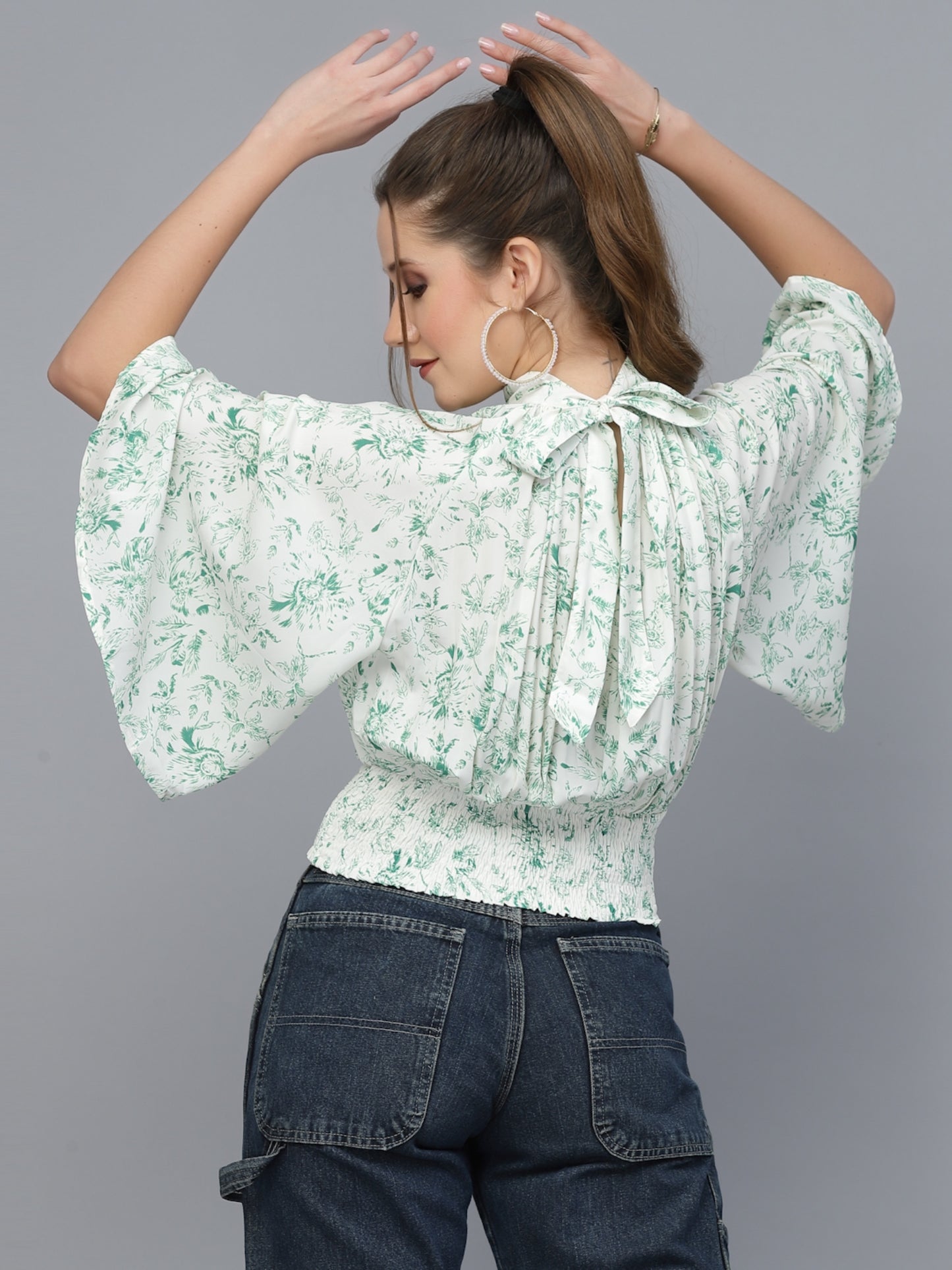 Mafadeny Green Floral Print Blouson Top