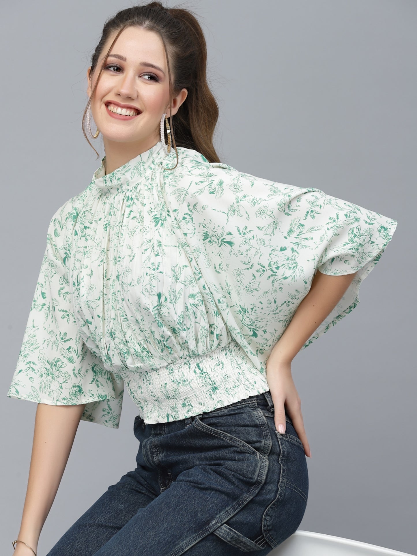 Mafadeny Green Floral Print Blouson Top