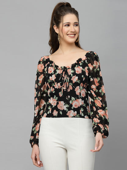 Mafadeny Black Floral Print Tie-Up Neck Chiffon Top