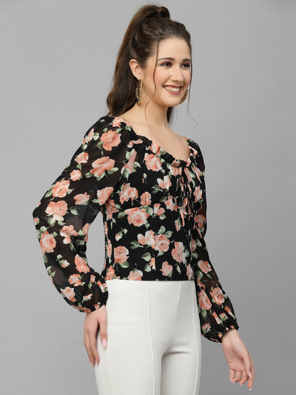 Mafadeny Black Floral Print Tie-Up Neck Chiffon Top